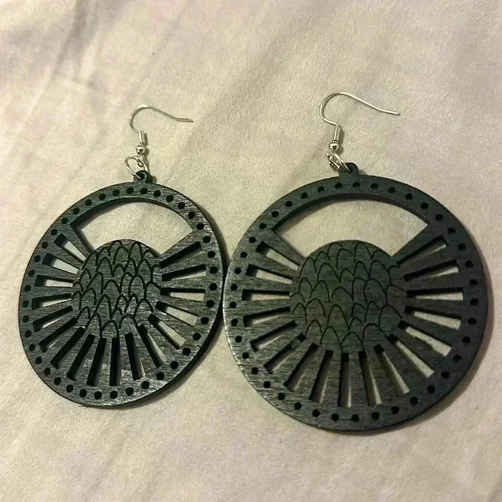 Boho Black Carved Wood Earrings